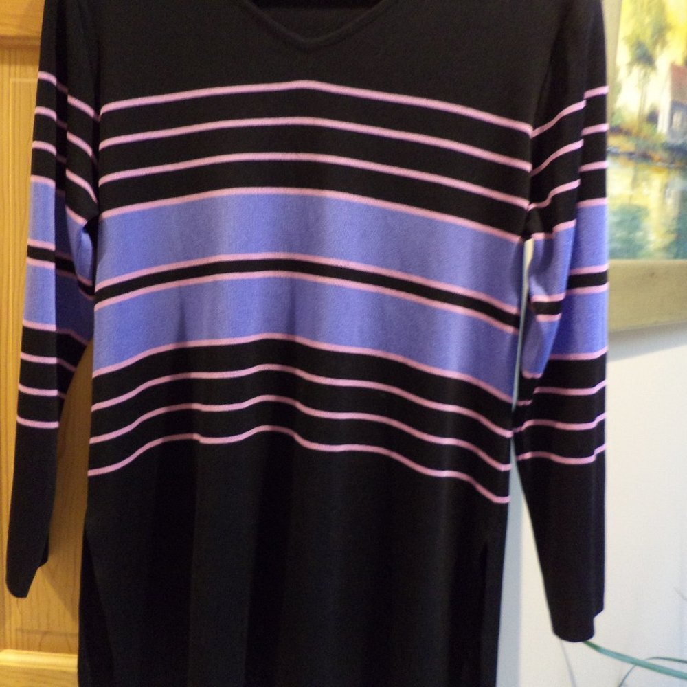 Misook Woman's Blouse Top- V-Neck Shirt~Black with Pink + Purple Stripes ~Large